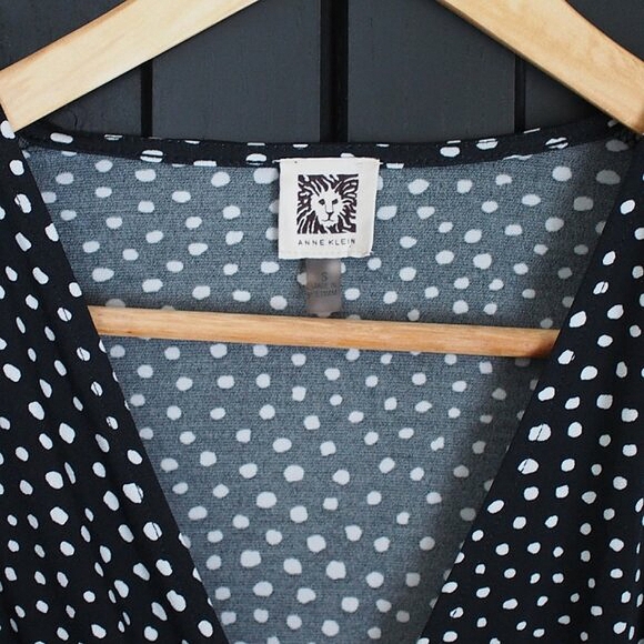 Anne Klein | Faux Wrap Top with Side Tie in Black and White Polka Dot - Picture 3 of 7